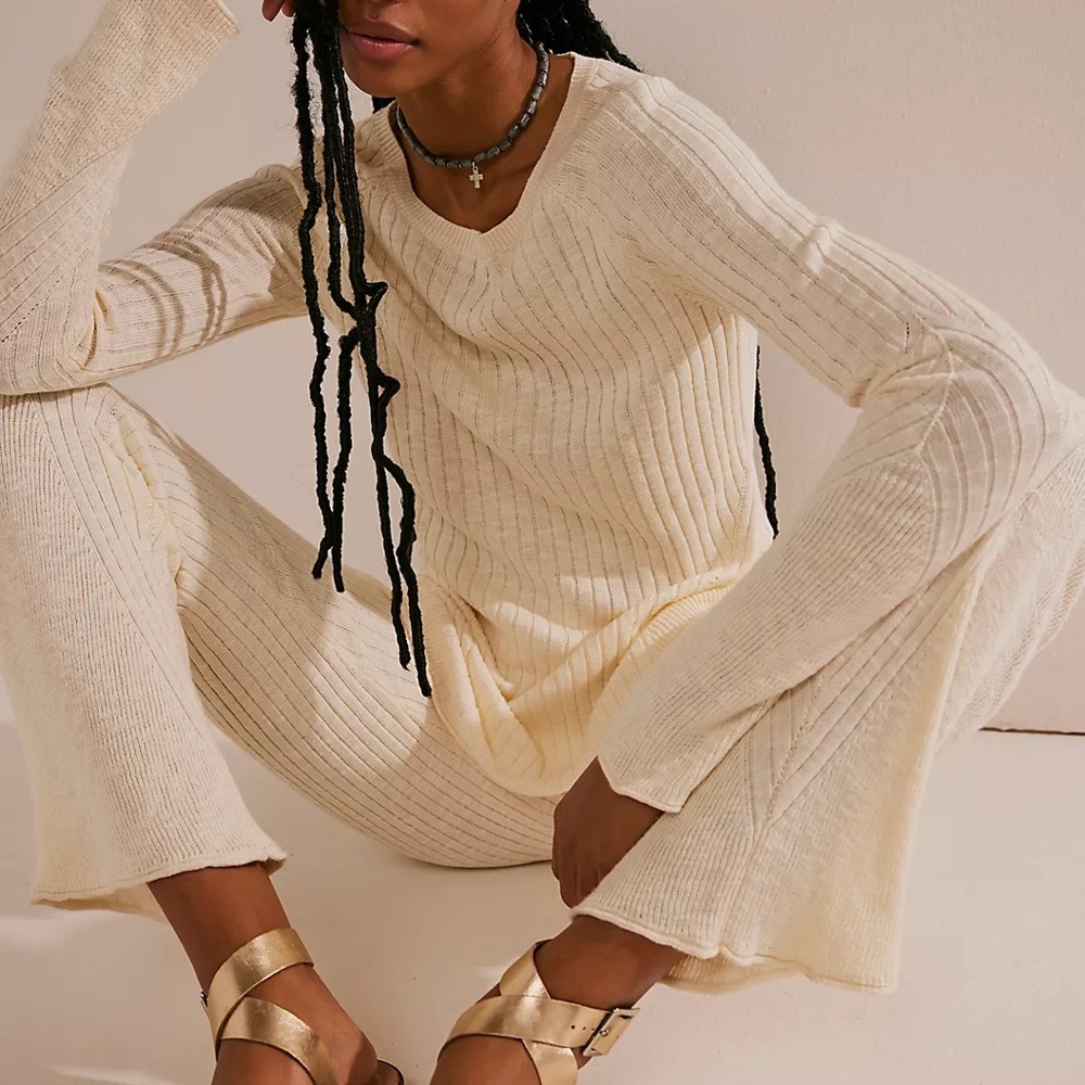 Free People Cream Ribbed Sweater Wide Leg